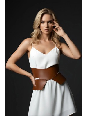 Pileli Store Taba Kadın Kemer Geniş Asimetrik Bel Aksesuarı - APFT1425