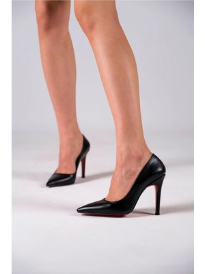 Ayakkabı Ateşi Siyah Cilt Kadın Ince Topuklu Ayakkabı Stiletto Yoshi