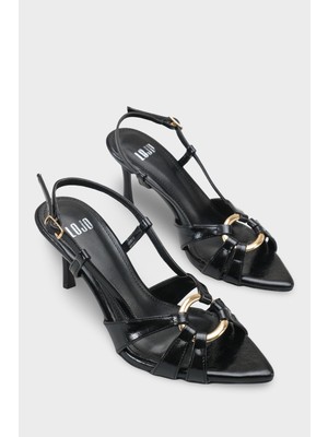 LOJO Kadın Sivri Burun Gold Tokalı Arkası Bantlı Topuklu Günlük Sandalet Maiyras Siyah