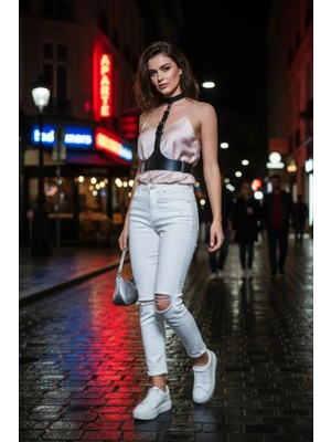 Pileli Store Siyah Kadın Kemer Geniş Deri Tokalı Yelek Detaylı - APFT1297