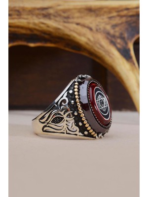 INNUENDO JEWELRY 925 Ayar Gümüş Kırmızı Taşlı Hz. Süleyman Mührü Desenli Erkek Yüzük