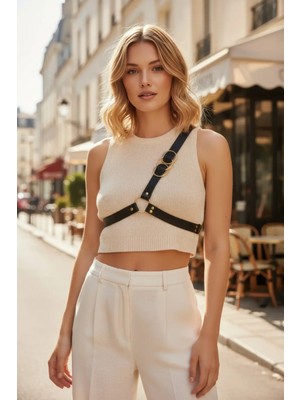 Pileli Store Siyah Kadın Kemer Metal Halka Detaylı Vücut Aksesuarı - APFT1183