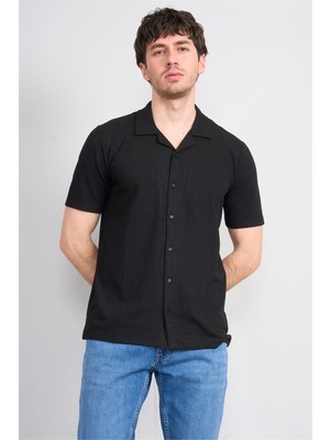 Mentality 4575 Erkek Apaş Yaka Kısa Kol Regular Örme Gömlek Siyah