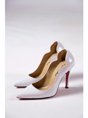 Ayakkabı Ateşi Beyaz Rugan Kadın Topuklu Özel Tasarım Ayakkabı Stiletto Happy