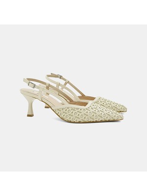 Desa Kadın Bej Sivri Burunlu Slingback Deri Topuklu Ayakkabı