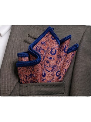 Exve Exclusive Somon Rengi Üzeri Lacivert Ebru Desen Kenarı El Işi Örgülü Cep Aksesuarı Yaka Mendili