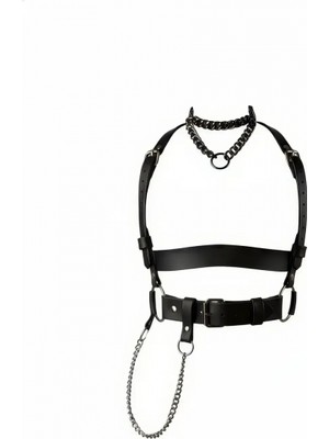 Pileli Store Siyah Kadın Kemer Zincir Detaylı Deri Vücut Aksesuarı - APFT1266