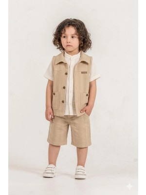 Bontino Erkek Çocuk %100 Pamuk Müslin Gömlekli Örgü Dokulu Yelek Şort Takım 2-6 Yaş