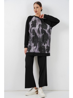 Bigdart Kadın Desenli Oversize Tunik Pantolon Ikili Takım 55462 - Siyah