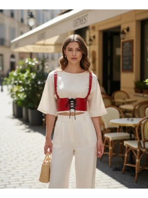 Pileli Store Kırmızı Kadın Kemer Bağcıklı Korse Bel Aksesuarı - APFT1429