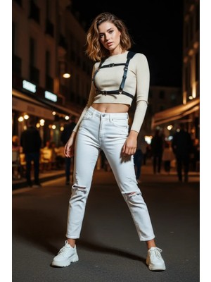 Pileli Store Siyah Kadın Kemer Deri Çoklu Tokalı Göğüs Detaylı - APFT1269