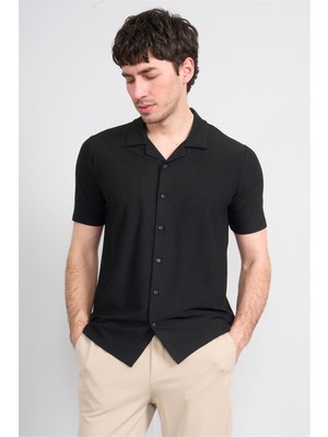 Mentality 4573 Erkek Apaş Yaka Kısa Kol Regular Örme Gömlek Siyah