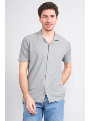 Mentality 4575 Erkek Apaş Yaka Kısa Kol Regular Örme Gömlek Gri