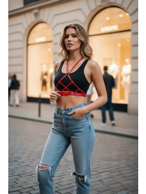 Pileli Store Kırmızı Kadın Kemer Deri Çapraz Bantlı Vücut Aksesuarı - APFT187