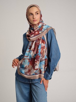 AYSHARA Kökbahar Çiçek Desenli Tek Taraflı Şal - Kahve