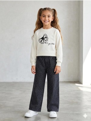 HaanBebe Kız Çocuk Kelebek Nakışlı Sweatshirt ve Taşlanmış Geniş Paça Jean Pantolon Takımı
