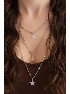 Gistoria Gümüş Renk Top Zincirli Yıldız Katlı Kolye