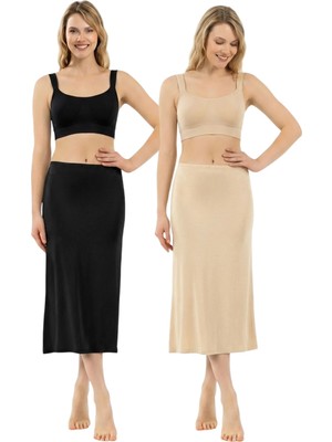 Arma Yıldız Kadın Viskon Kumaş Diz Altı Uzun Etek Elbise Astarı Jüpon Kombinezon 2'li Paket Ten Siyah