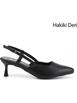 Gönderi(r) Kadın Siyah  Ince Topuklu Arkası Açık Hakiki Deri Ayakkabı