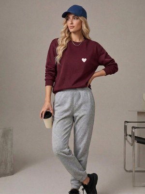 Trendseninle Bordo Gri Kalp Baskılı Oversize Eşofman Takımı