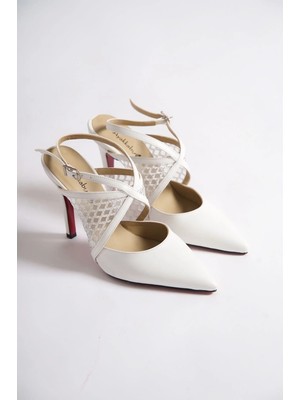 Ayakkabı Ateşi Beyaz Cilt Beyaz File Detaylı Özel Tasarım Kadın Ince Topuklu Ayakkabı Stiletto Harlow