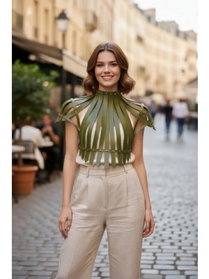 Pileli Store Haki Kadın Kemer Zımba Detaylı Deri Korse - APFT1257