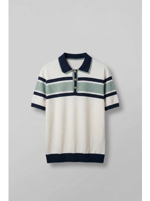 Abluka Online Erkek Regular Fit Çizgili Havlu Triko Polo Yaka T-Shirt Ekru Lacivert