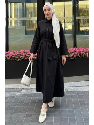 Tesettür Diyarı Kadın Trikoton Gömlek Elbise-Siyah