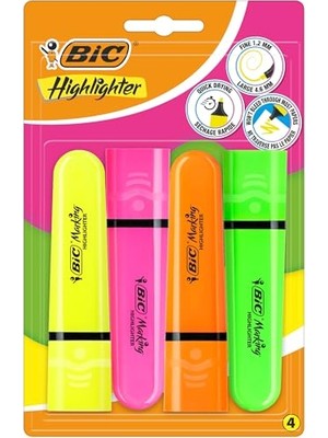 Bıc Marking Flat Higlighter Fosforlu Kalem 4'lü Blister, 4 Renk (Sarı, Turuncu, Pembe, Yeşil), Su Bazlı, Hızlı Kuruyan Mürekkep