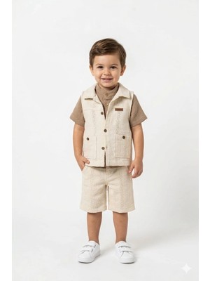 Bontino Erkek Çocuk %100 Pamuk Müslin Gömlekli Örgü Dokulu Yelek Şort Takım 2-6 Yaş