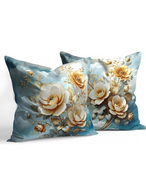 Canila Çift Taraflı Gizli Fermuarlı Mavi Gül Desenli Dijital Baskılı Kırlent Kılıfı 2'li Set