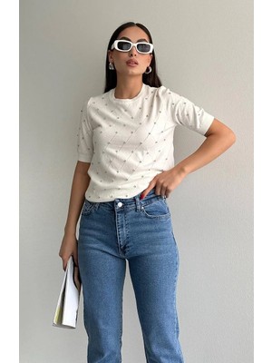 ribana Kadın Bisiklet Yaka Kısa Kollu Baklava Desenli Taş Detaylı Triko Bluz 4193