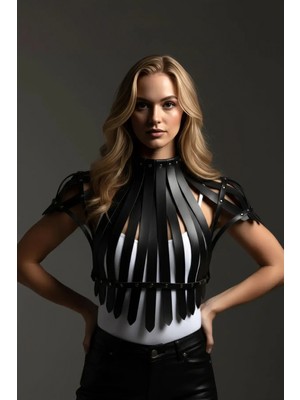 Pileli Store Siyah Kadın Kemer Şerit Detaylı Yüksek Yaka Zımbalı - APFT1257