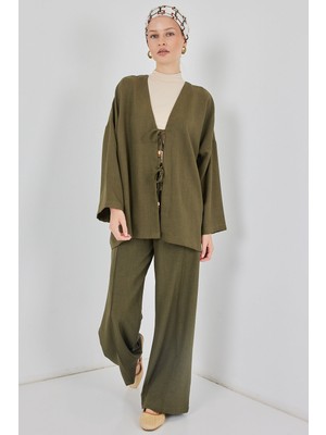 Bigdart Kadın Keten Kimono Ikili Takım 6727 - Haki