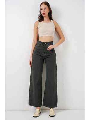 Bigdart Kadın Bol Paça Yüksek Bel Palazzo Kot Pantolon 6656 - Yeşil