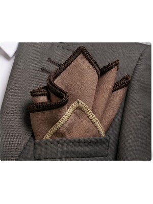 Exve Exclusive Sütlü Kahve Keten Üzeri Kenarı Çift Renk El Işi Örgülü Cep Aksesuarı Yaka Mendili