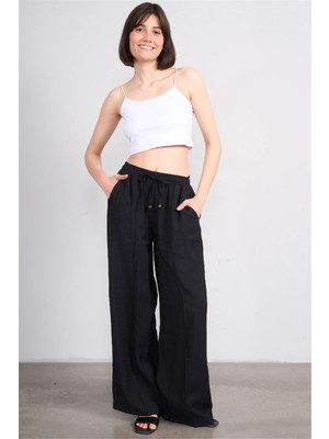 Fithit 7819 Bayan Viskon Geniş Paça Nervürlü Pantolon Siyah