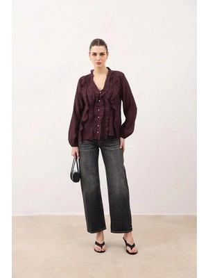 Antioch Bordo Fırfırlı Kadın Gömlek