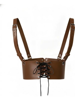 Pileli Store Kahverengi Kadın Kemer Bağlamalı Korsaj Omuz Detaylı - APFT1429