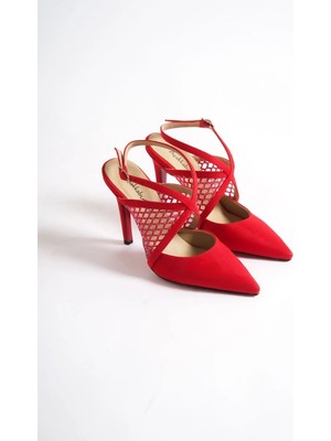 Ayakkabı Ateşi Kırmızı Süet Kırmızı File Detaylı Özel Tasarım Kadın Ince Topuklu Ayakkabı Stiletto Harlow