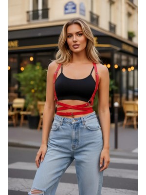 Pileli Store Kırmızı Kadın Kemer Çapraz Bağlamalı Vücut Aksesuarı - APFT198