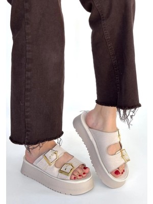 Flamex Coer Bej Süet Çift Tokalı Terlik