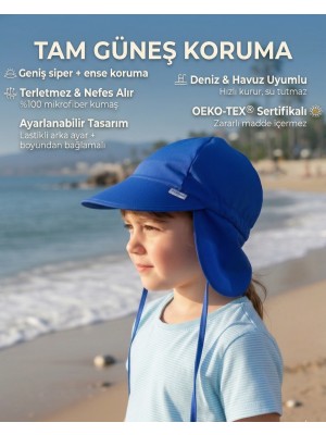 Yorni Royal Mavi, 1-4 YAŞ, Ense Korumalı, Boyundan Bağlamalı, Çocuk Bebek Güneş Şapka, Ekoteks 100 Sertifikalı