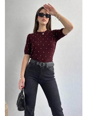 ribana Kadın Bisiklet Yaka Kısa Kollu Baklava Desenli Taş Detaylı Triko Bluz 4193