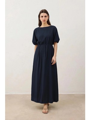 Antioch Lacivert Balon Kol Midi Kadın Elbise