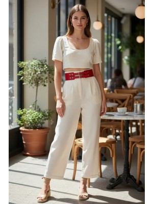 Pileli Store Kırmızı Kadın Kemer Çift Tokalı Geniş Bel Aksesuarı - APFT1203