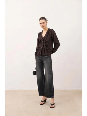 Antioch Kahve Fırfırlı Kadın Gömlek