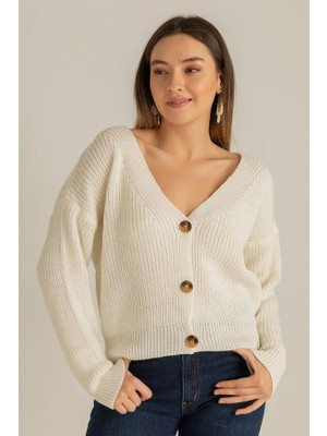 Konus Femme Bej Düğmeli V Yaka Triko Hırka