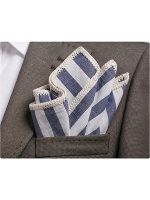 Exve Exclusive Gri Beyaz Çizgili Keten Kenarı El Işi Örgülü Cep Aksesuarı Yaka Mendili