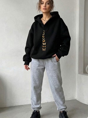 Trendseninle Siyah Gri Dikey Kelebekler Baskılı Relax Yaka Eşofman Takımı